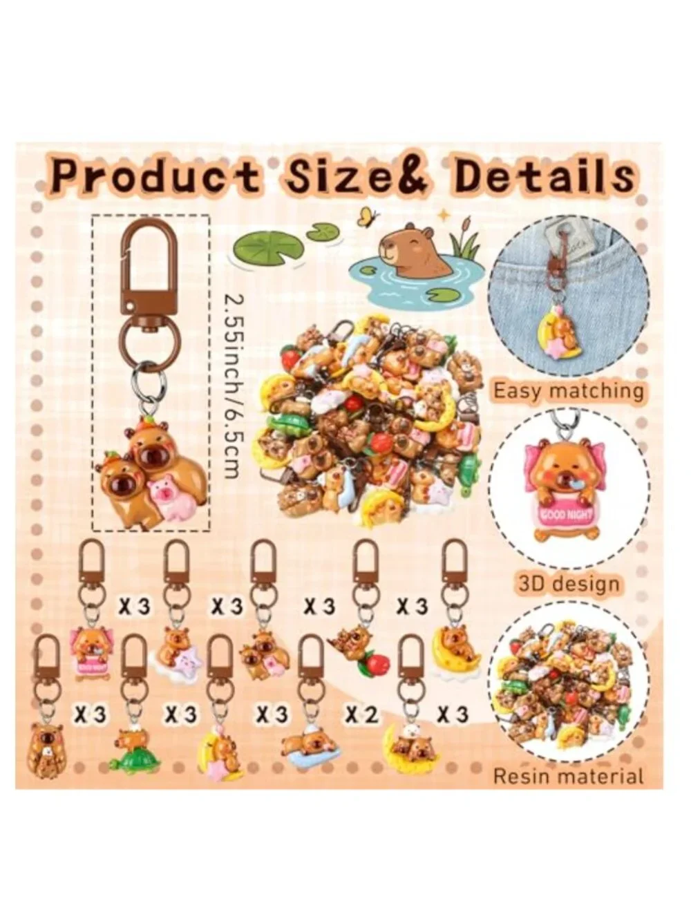 30 Pcs Capybara Keychains Kawaii Animal Bag Charm Cute 3D Resin Keychain Gift